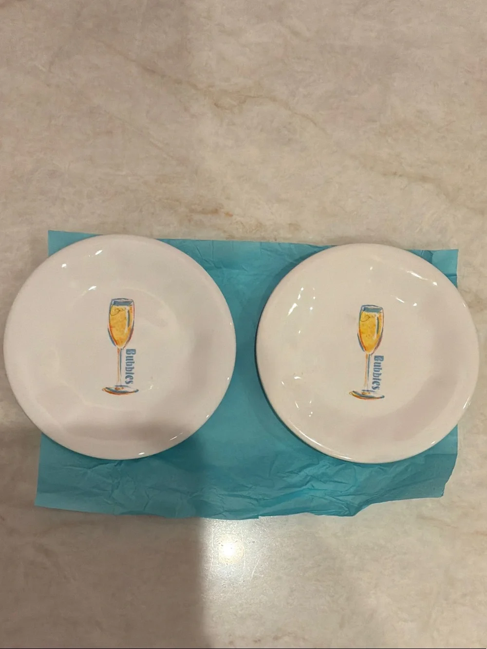 Pier 1 White Ceramic Champagne Plate Pair with Yellow & Blue Glass Motif